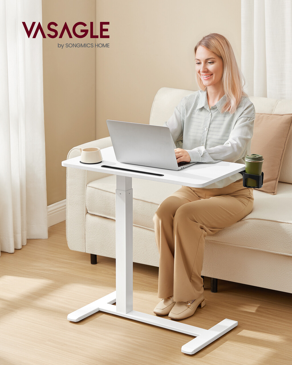 Masuta cu roti si inaltime reglabila pentru canapea, Vasagle, 70x40x65-102 cm, PAL/otel, alb cloud - imagine 7
